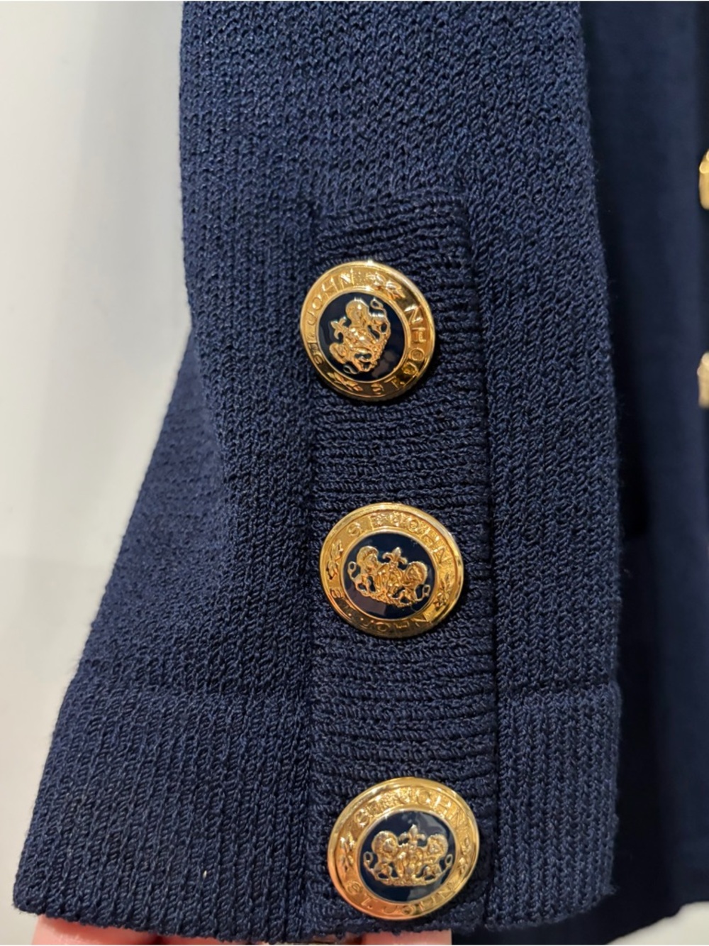 St. John Knit Santana Cardigan Jacket, Women’s Navy, Gold Buttons - Picture 3 of 10